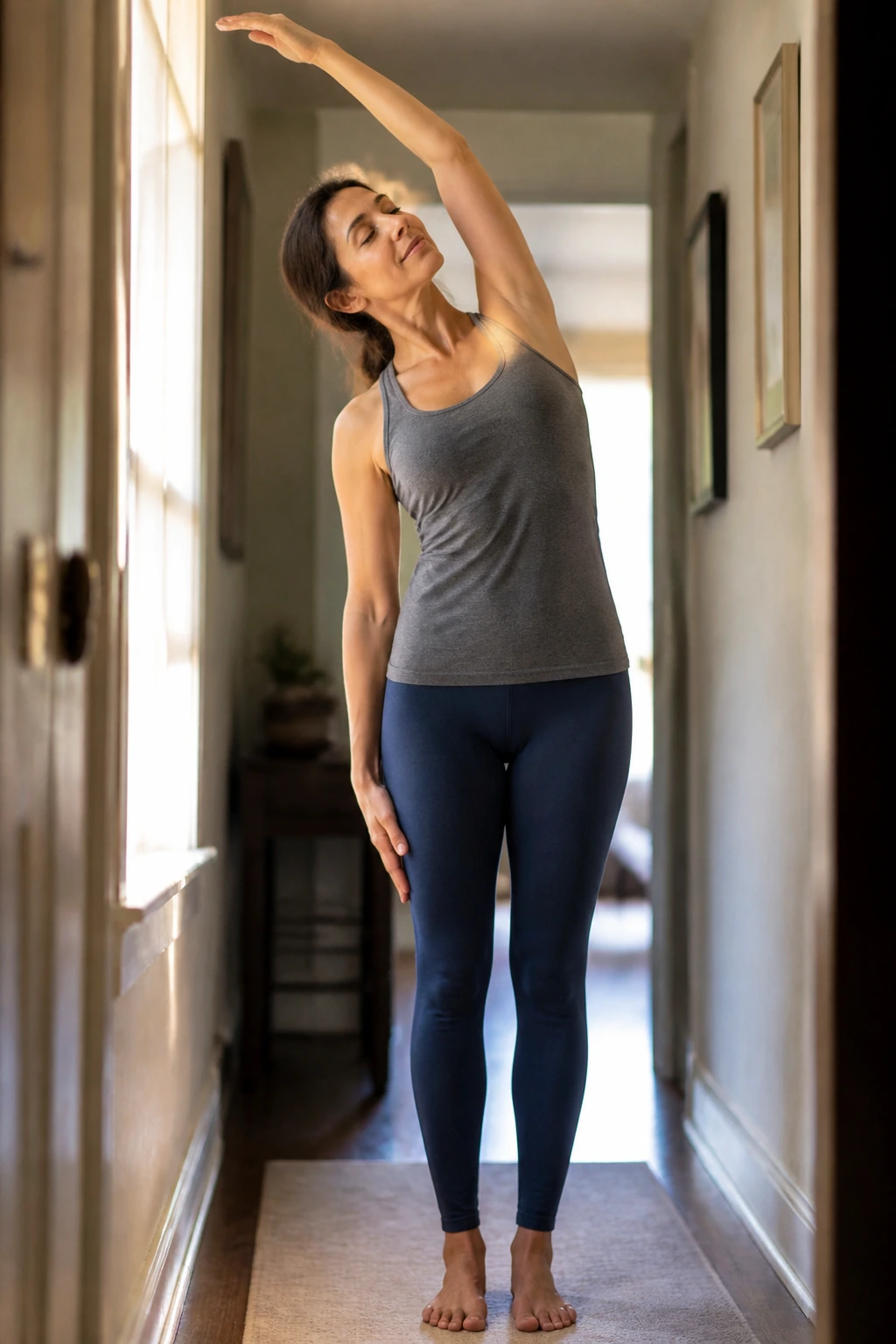 Person practicing a small space standing yoga routine in a hallway