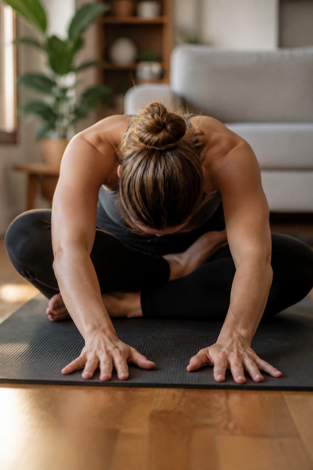 Close-up of a person in Cross-Legged Forward Fold showing a long spine and forward-reaching fingertips