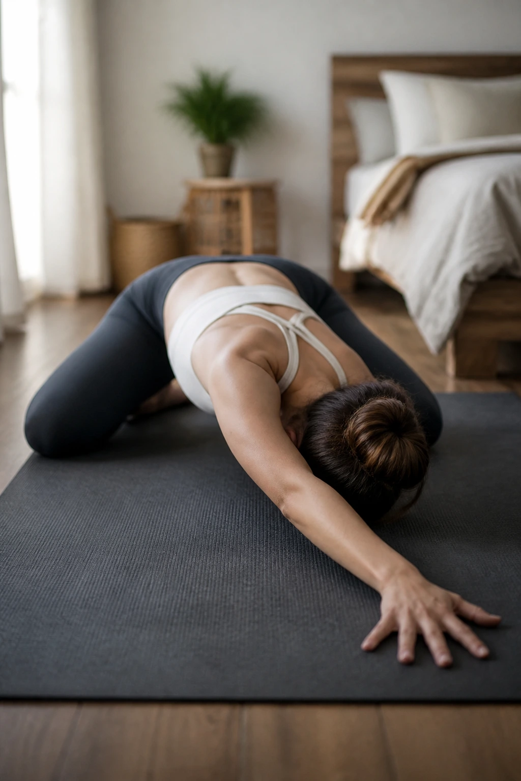 Close-up of Child's Pose with side stretch showing torso lengthening and arm reach