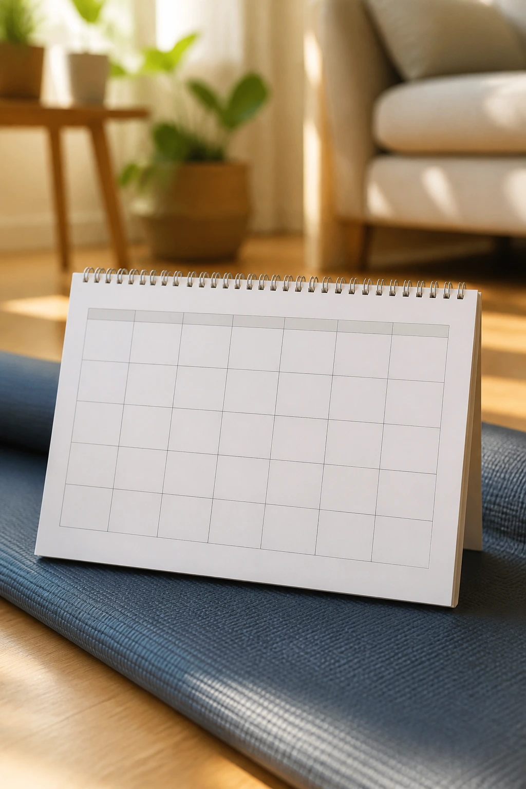 Blank calendar grid on a rolled yoga mat in a sunlit living room representing The Yoga and Mobility Reset Calendar