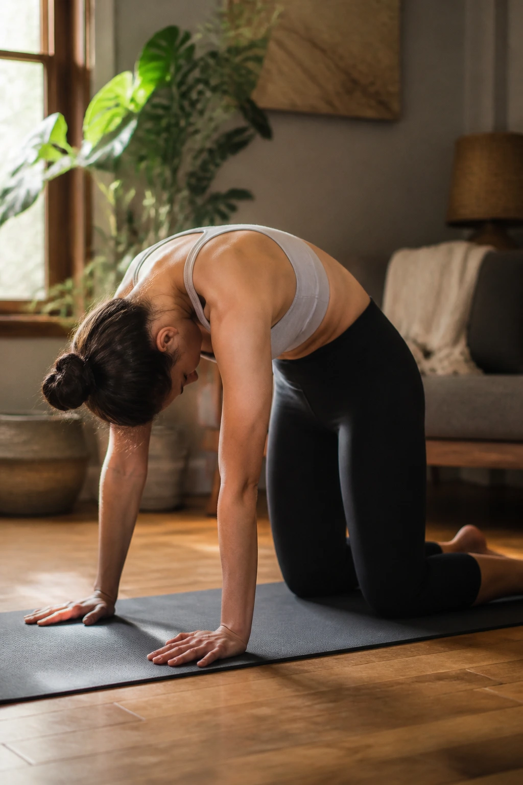 Person performing cat-cow movement on a yoga mat in a living room