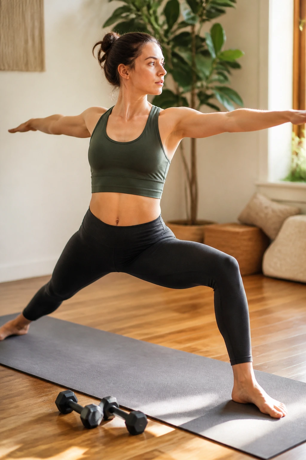 Woman performing Warrior II on a yoga mat with dumbbells nearby