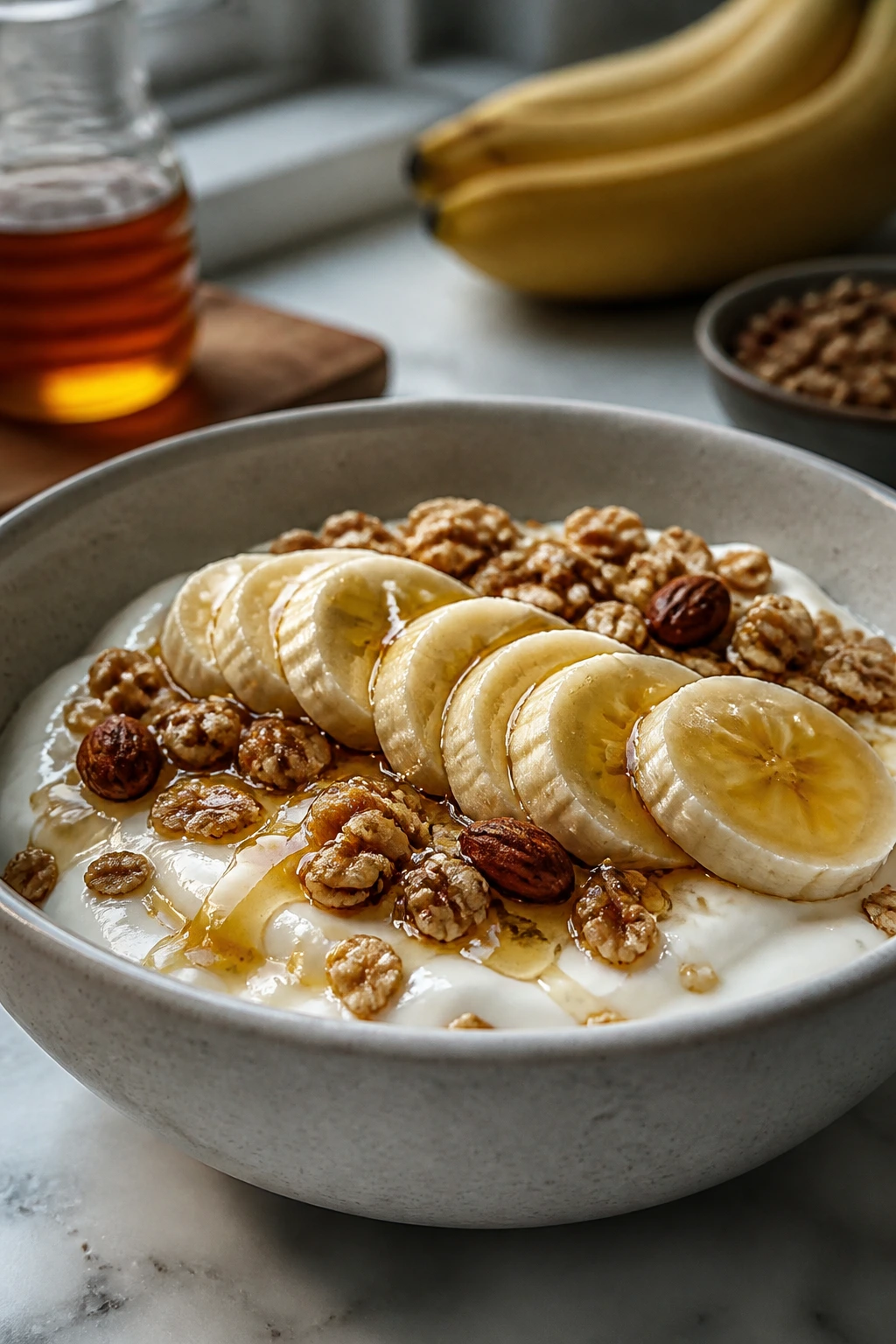 Creamy yogurt bowl with granola, honey and banana slices
