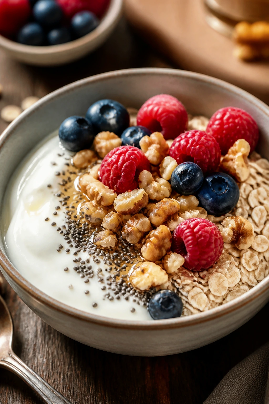 Close-up of Greek Yogurt Oats with Berries and Walnuts in a bowl