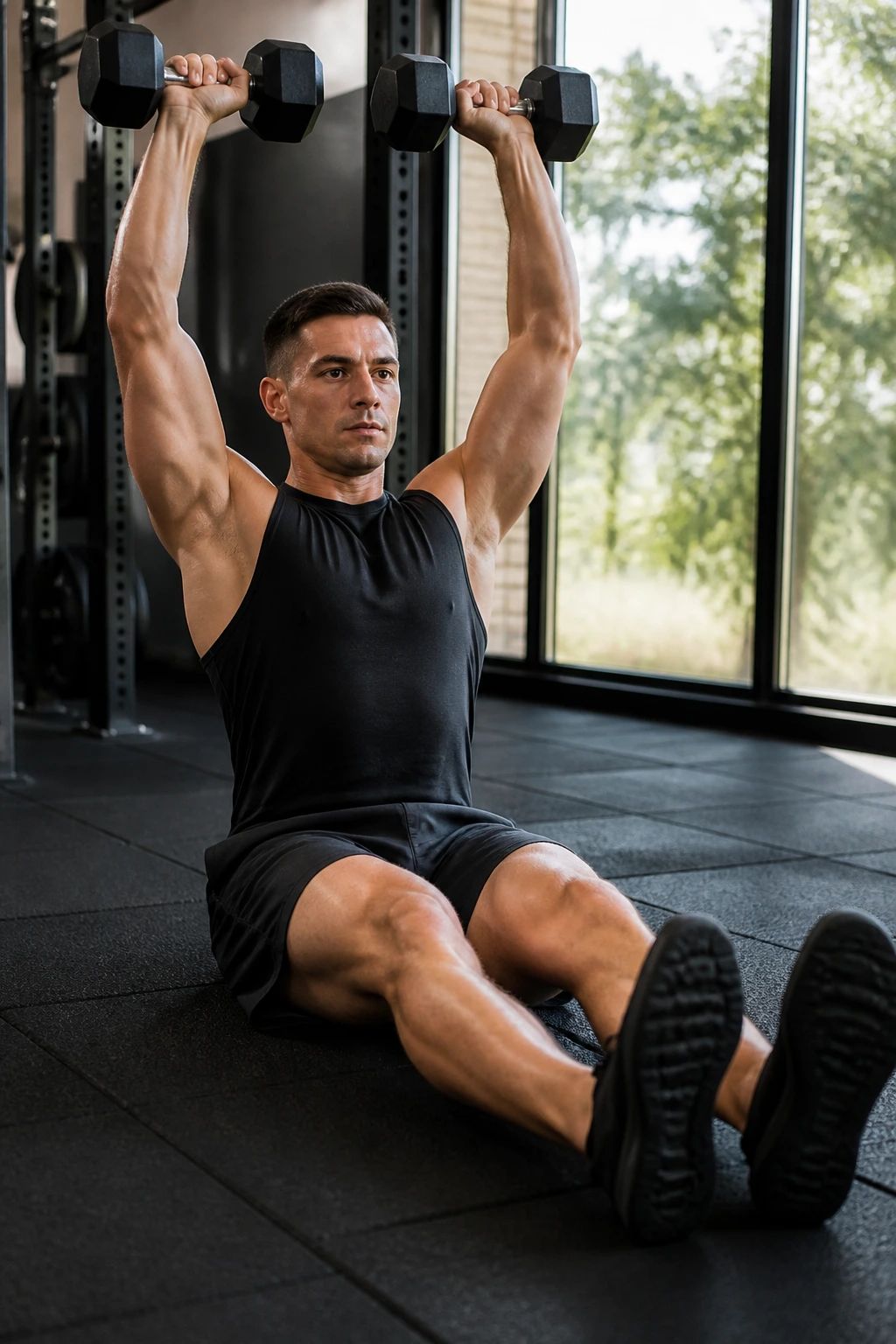 Person performing a Z-Press on the floor in a gym.