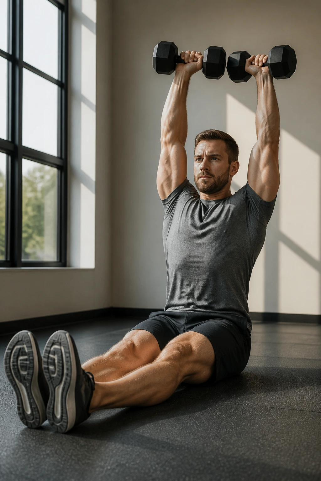 Person performing Z press seated overhead with dumbbells on floor