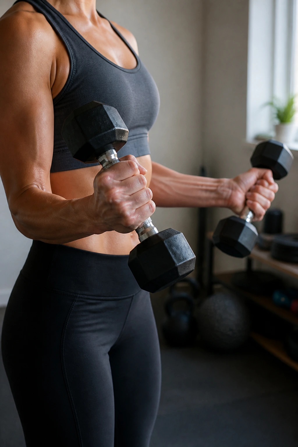 Close-up of forearms performing a Zottman curl with dumbbells in a home gym