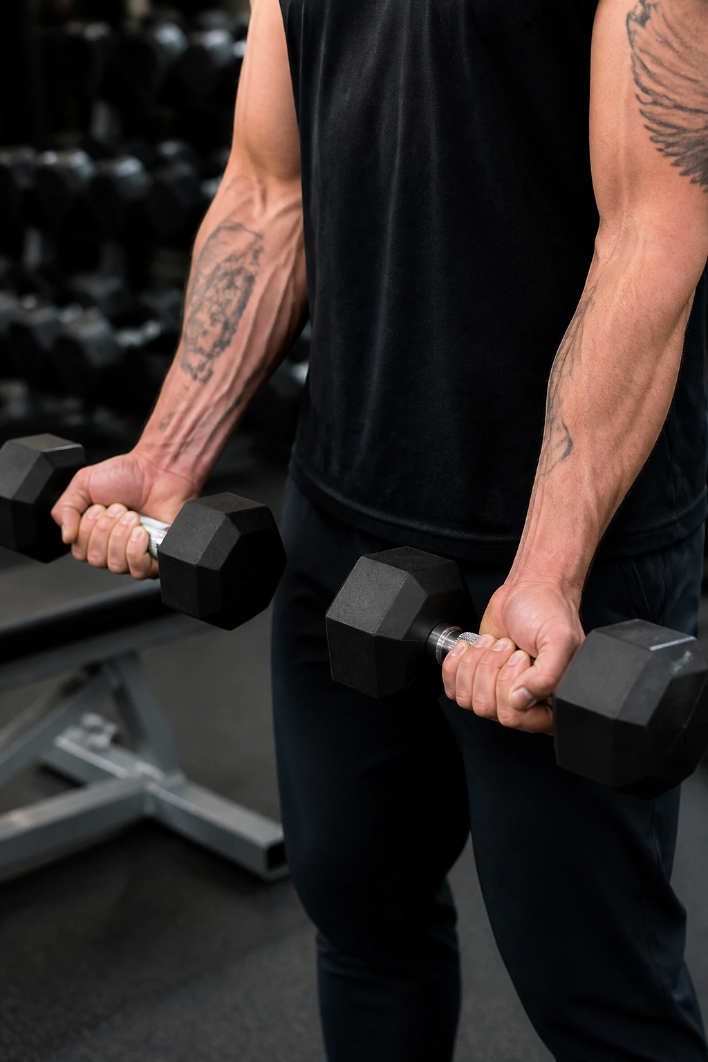 Close-up of forearms and hands performing a Zottman curl in a gym