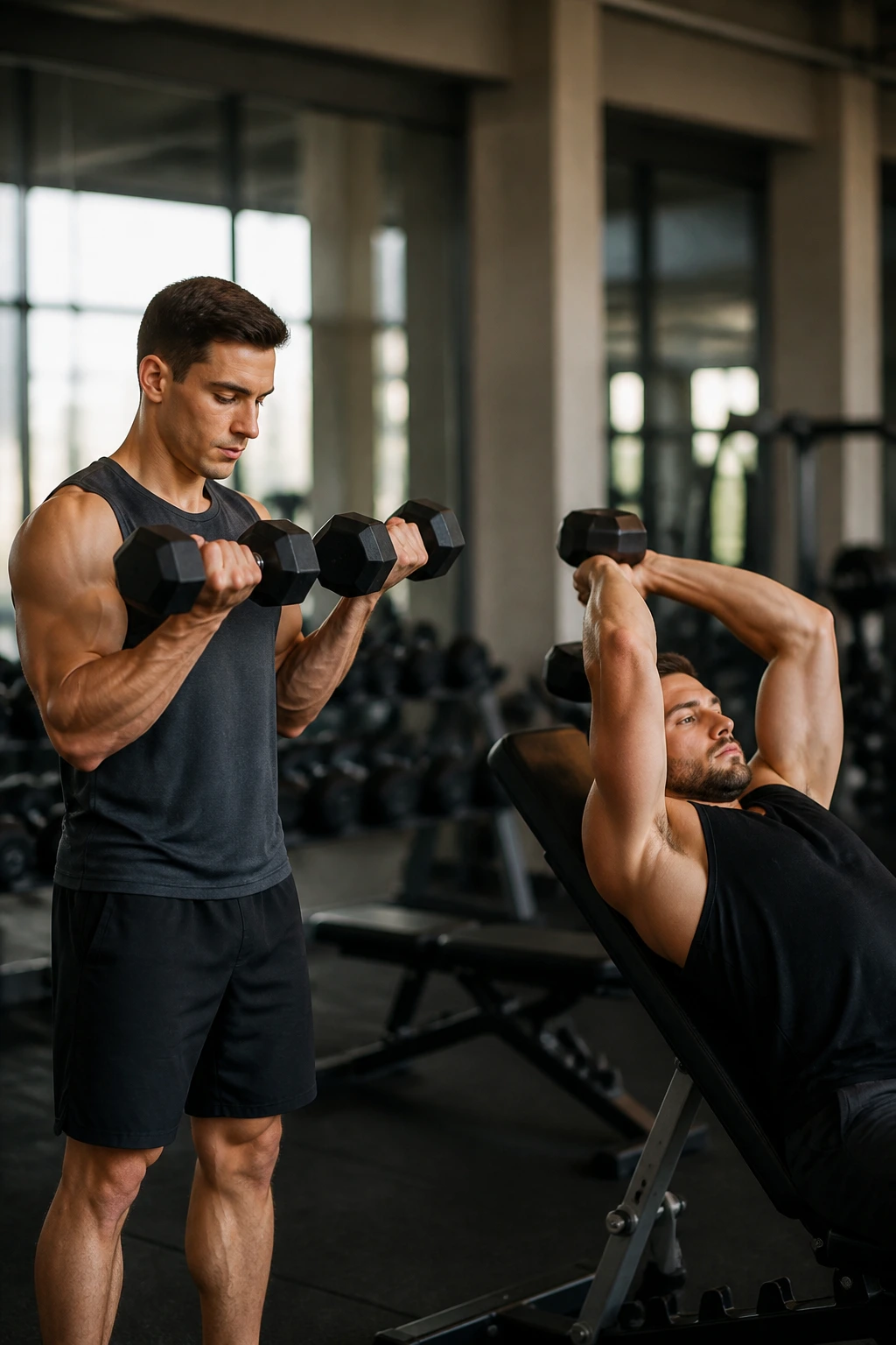 Arms in Zottman curl and skull crusher positions in a gym setting