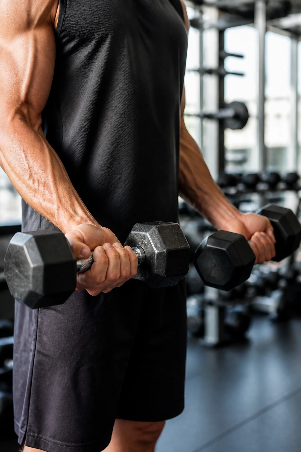 Close-up of forearms during a Zottman curl with dumbbells in a gym, forearm rotation visible