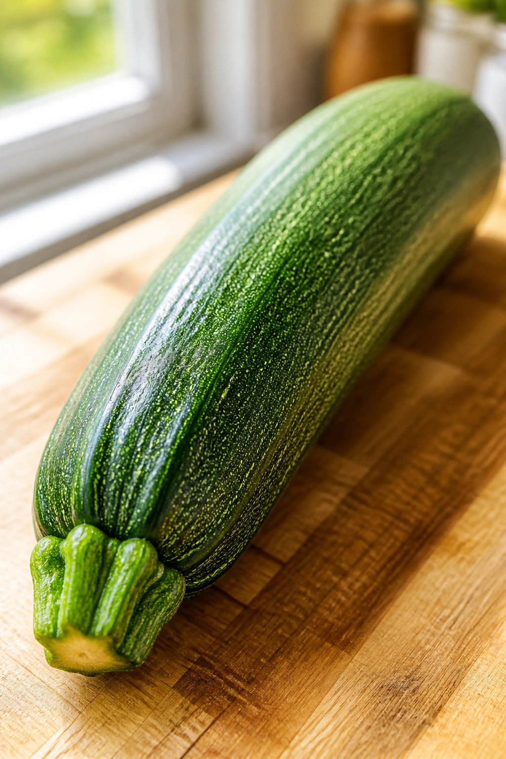 Close-up of green zucchini on wooden board in sunlit kitchen